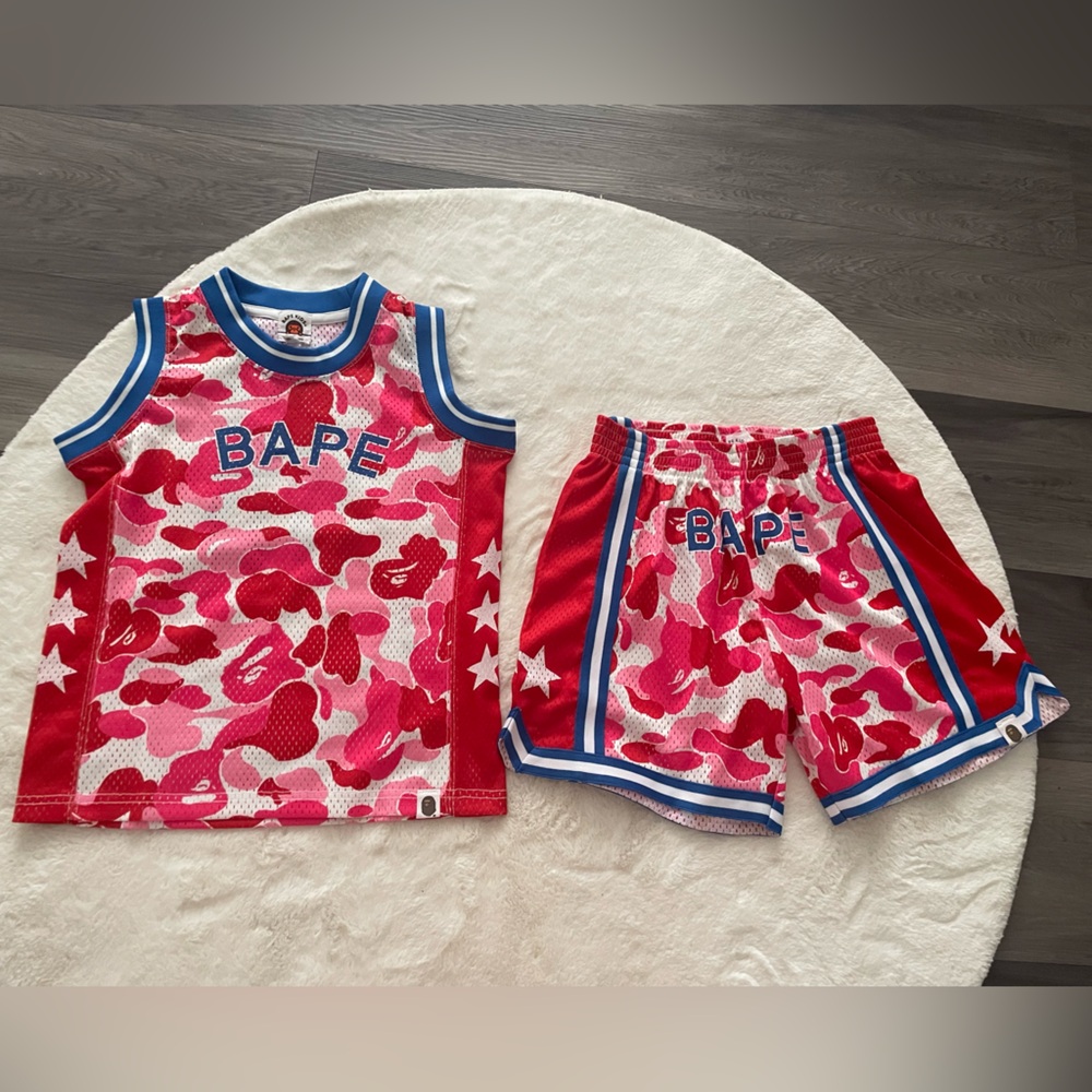 BAPE kids Pink and Red Camo mesh basketball jersey